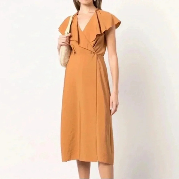 NWOT Vince Braid Trim Flutter Sleeve Wrap Dress Copper - Picture 3 of 6